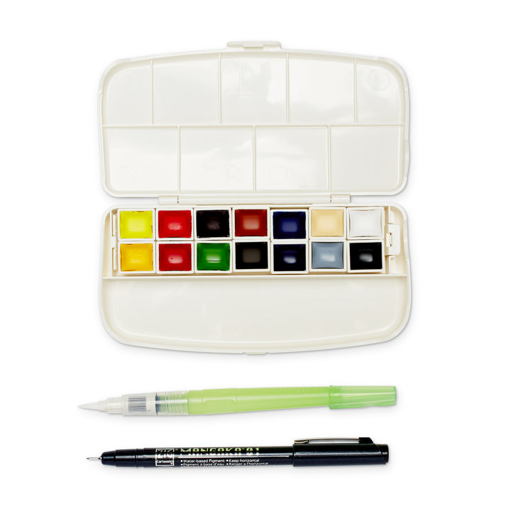 Portable Watercolor Set w/ Brush & Pen - Set of 14