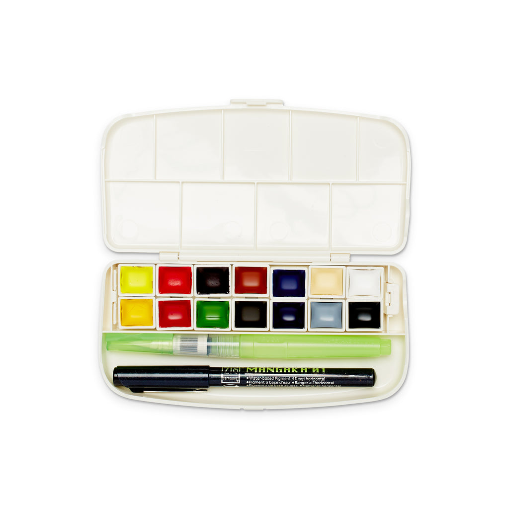 Portable Watercolor Set w/ Brush & Pen - Set of 14